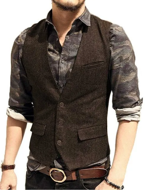 Aidase Army Green Mans Suit Vest Waistcoat V Neck Wool Herringbone Tweed Waistcoat Jacket Slim Fit Gilet Casual Groomman For Wedding