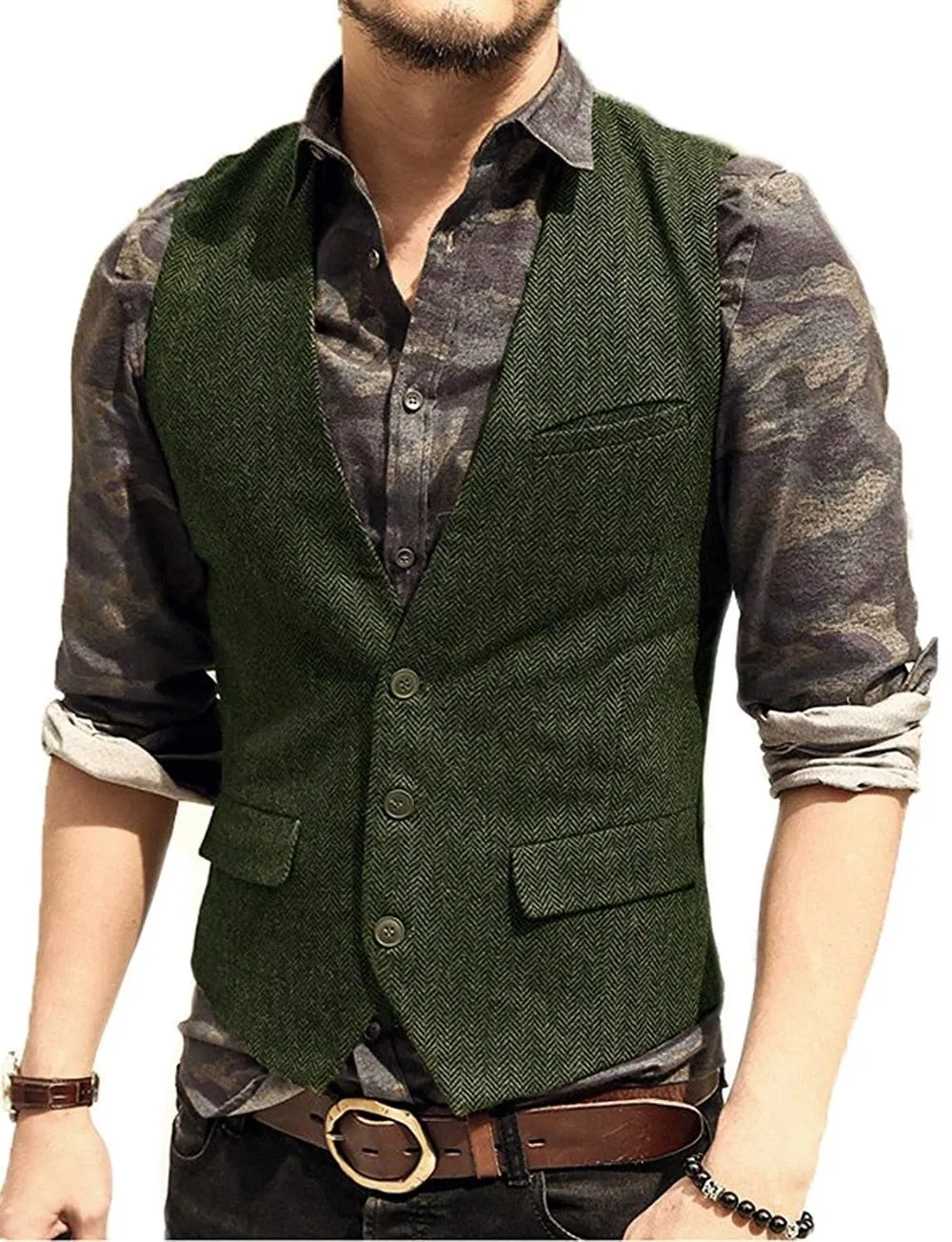 Aidase Army Green Mans Suit Vest Waistcoat V Neck Wool Herringbone Tweed Waistcoat Jacket Slim Fit Gilet Casual Groomman For Wedding