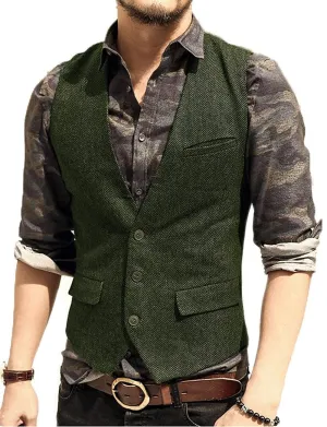 Aidase Army Green Mans Suit Vest Waistcoat V Neck Wool Herringbone Tweed Waistcoat Jacket Slim Fit Gilet Casual Groomman For Wedding