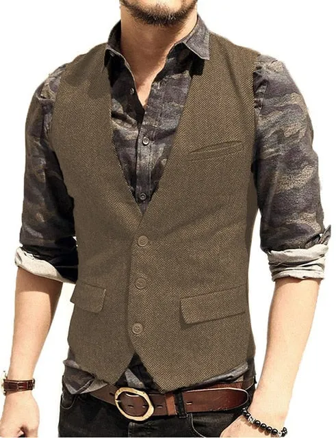 Aidase Army Green Mans Suit Vest Waistcoat V Neck Wool Herringbone Tweed Waistcoat Jacket Slim Fit Gilet Casual Groomman For Wedding
