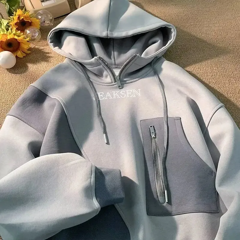 Aidase Male Clothes Hooded Aesthetic No Logo Sweatshirt for Men Half Zip Hoodies High Quality Loose Warm Winter 90s Vintage