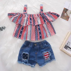 Baby Girl 4th of July Outfit American Flag 2PCS Patriotic Set Stars Stripe Tops Denim Shorts