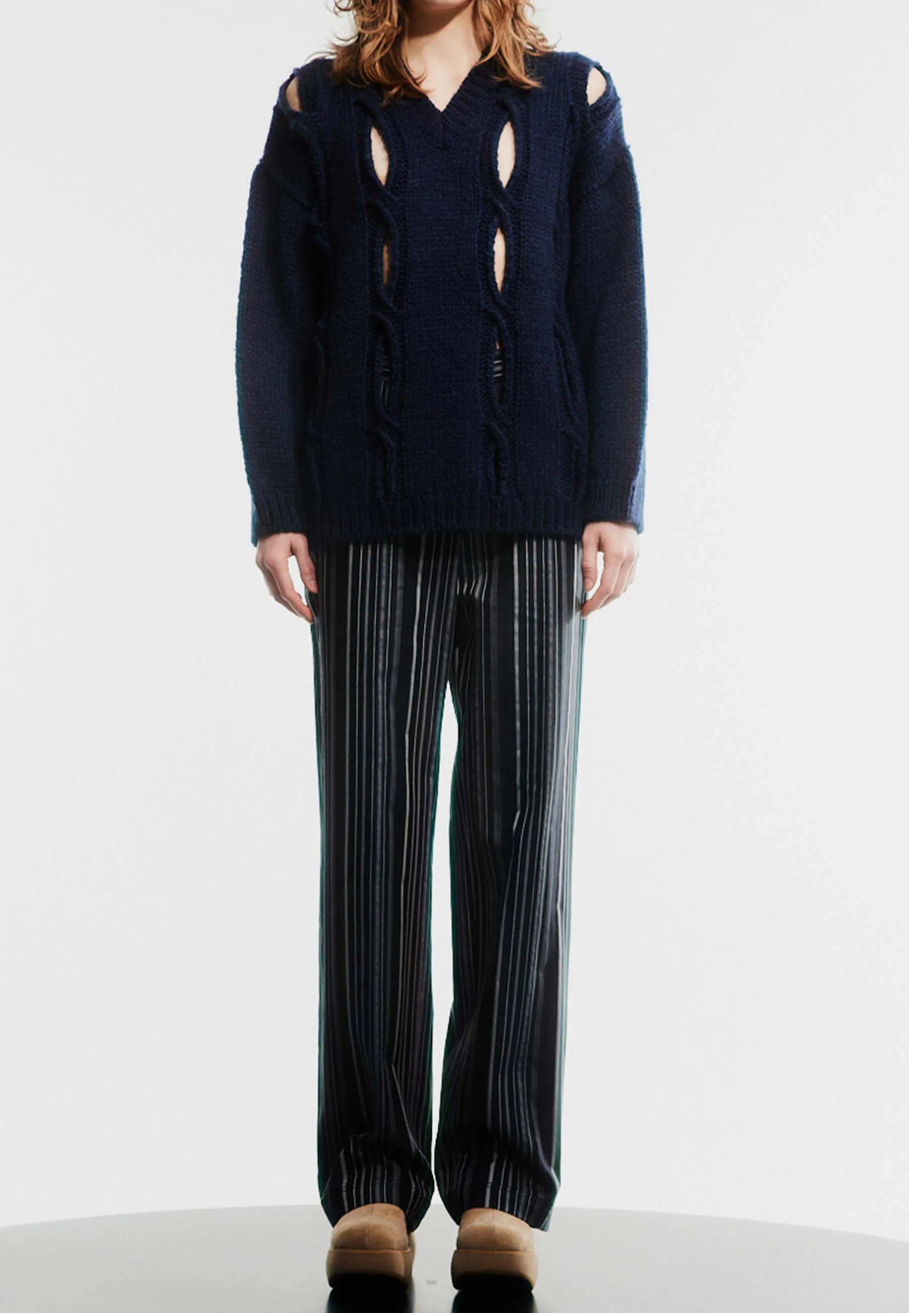 Back Stripe Cut-Out Knit Sweater - Navy