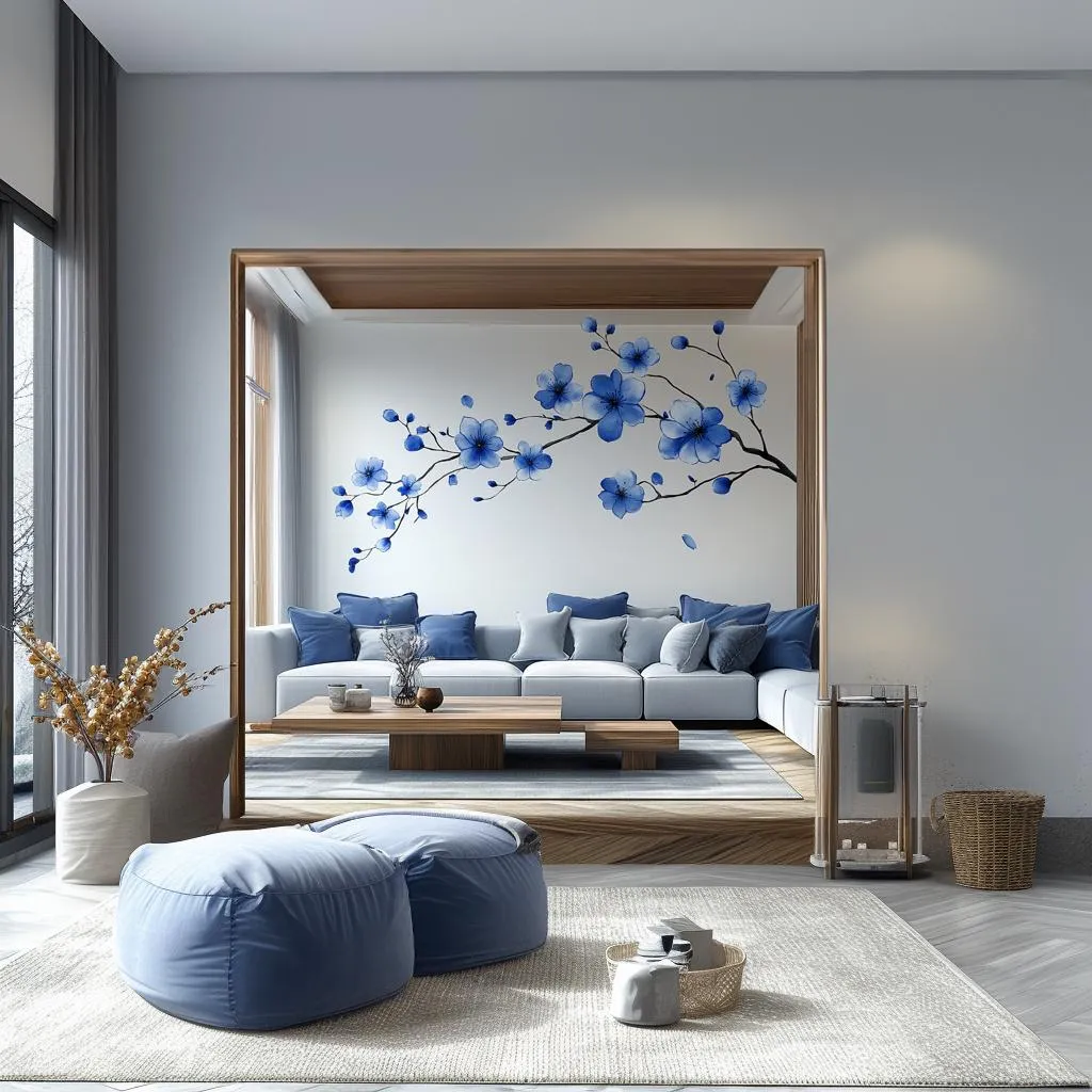 Blue Flower Branch Wall Decal | Large Sakura Floral Vinyl Sticker | Removable Nature Art for Living Room, Bedroom, Office, Modern Home Décor