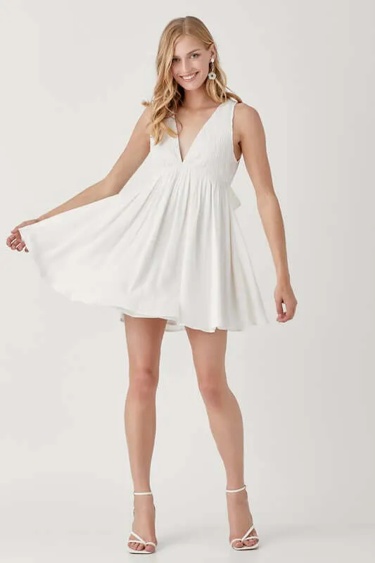 Cream White V Neck Smock Sleeveless Mini Dress