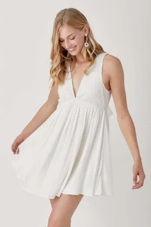 Cream White V Neck Smock Sleeveless Mini Dress