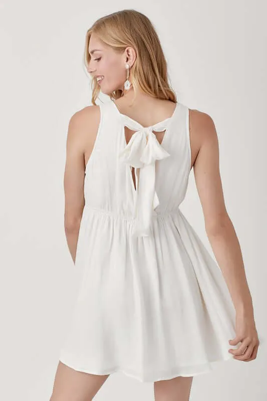 Cream White V Neck Smock Sleeveless Mini Dress
