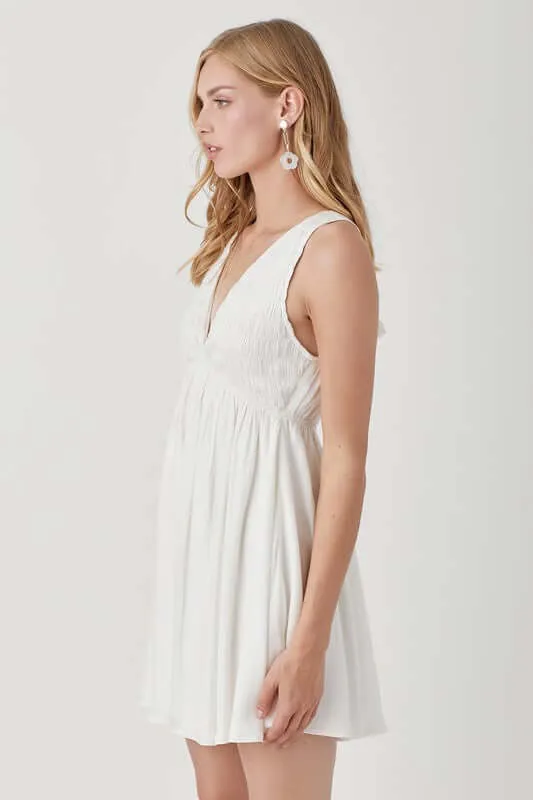 Cream White V Neck Smock Sleeveless Mini Dress