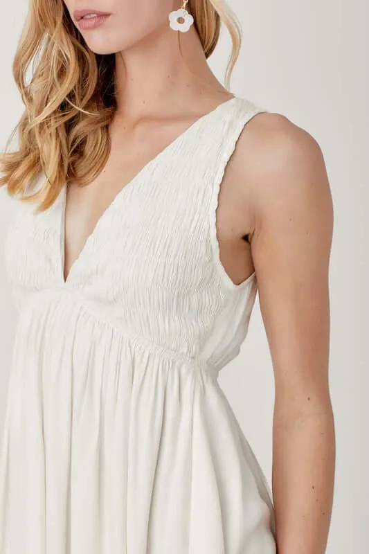 Cream White V Neck Smock Sleeveless Mini Dress