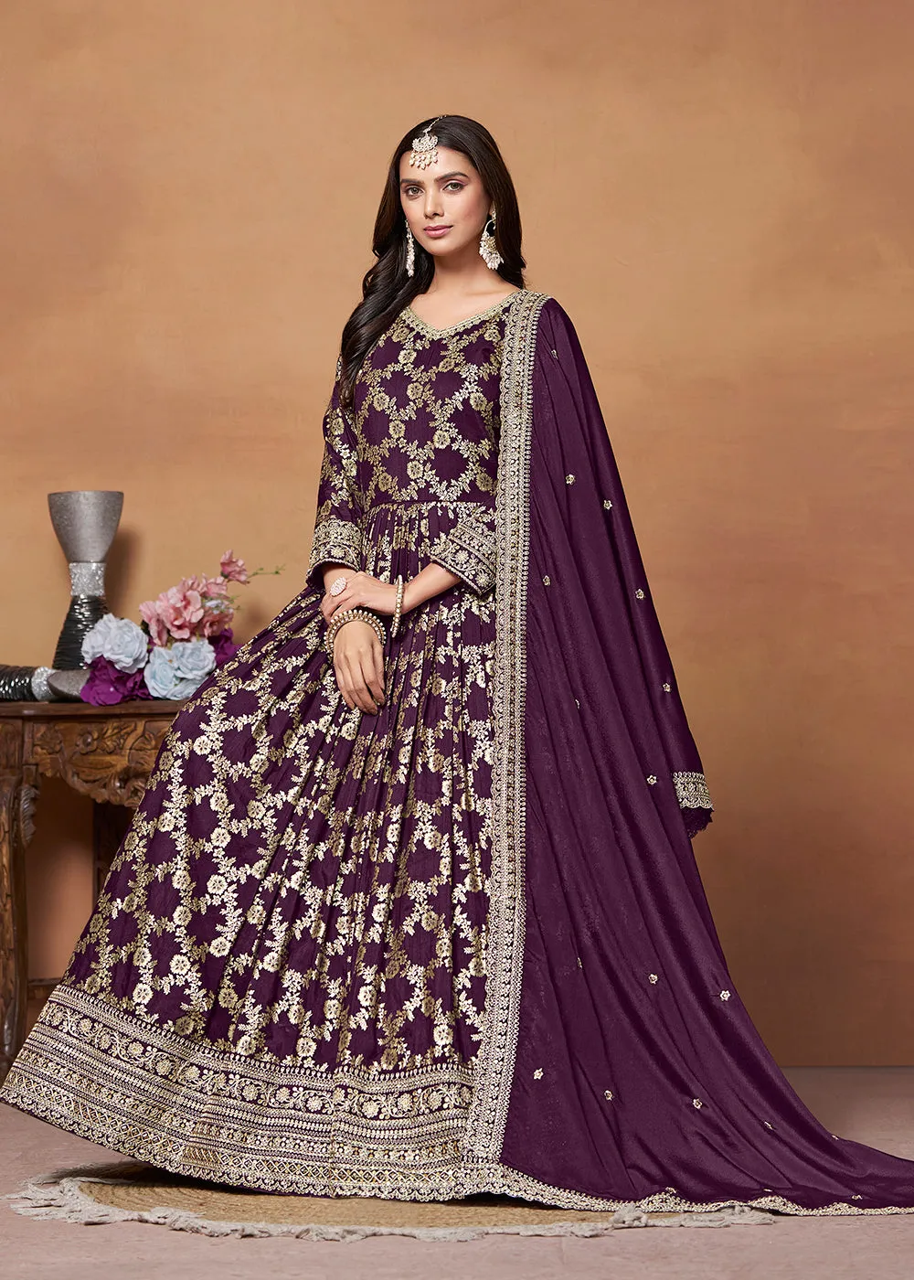 Dola Jacquard Purple Embroidered Festive Anarkali Suit