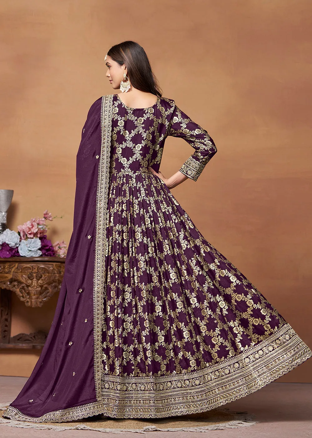 Dola Jacquard Purple Embroidered Festive Anarkali Suit
