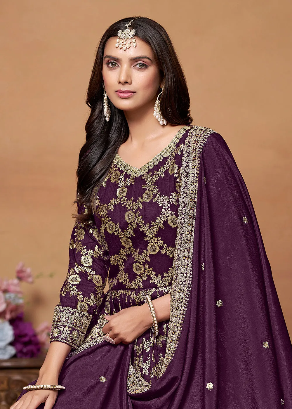 Dola Jacquard Purple Embroidered Festive Anarkali Suit