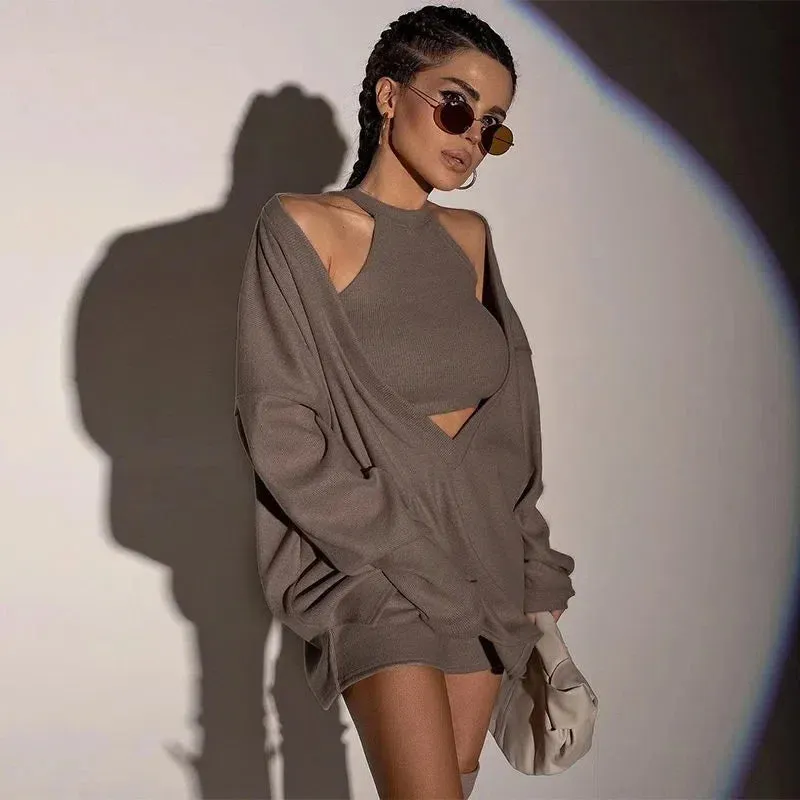 Fashionkova HOUZHOU Knitted 2 Pieces Set Elegant Female Women V-Neck Long Sleeve Euphoria Outfit Pullover Crop Top Streetwear Suits Autumn