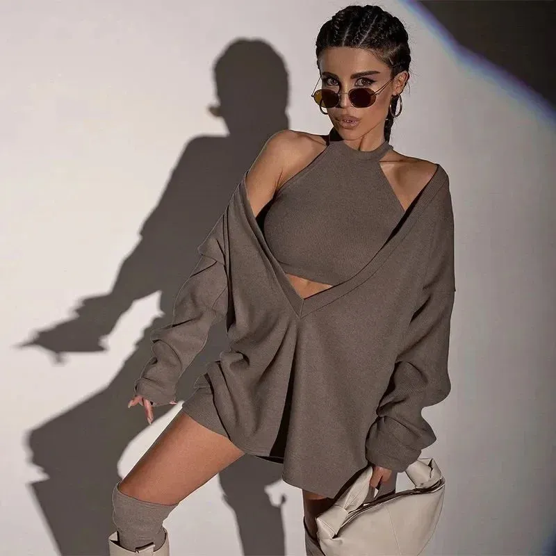 Fashionkova HOUZHOU Knitted 2 Pieces Set Elegant Female Women V-Neck Long Sleeve Euphoria Outfit Pullover Crop Top Streetwear Suits Autumn