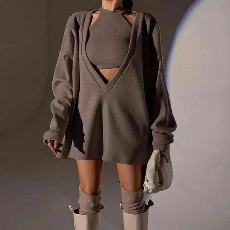 Fashionkova HOUZHOU Knitted 2 Pieces Set Elegant Female Women V-Neck Long Sleeve Euphoria Outfit Pullover Crop Top Streetwear Suits Autumn
