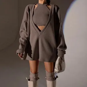 Fashionkova HOUZHOU Knitted 2 Pieces Set Elegant Female Women V-Neck Long Sleeve Euphoria Outfit Pullover Crop Top Streetwear Suits Autumn