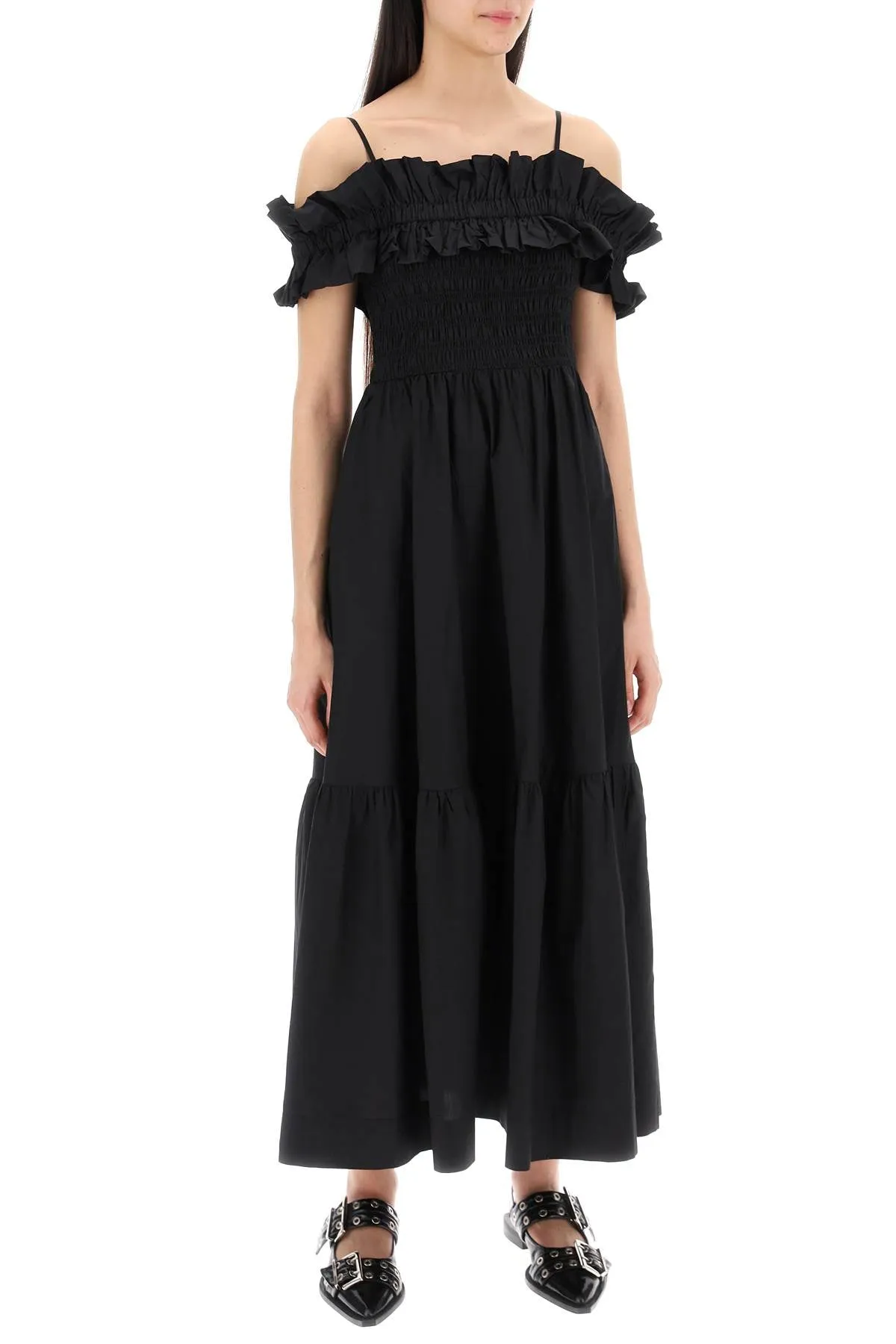 flared midi dress with off-should