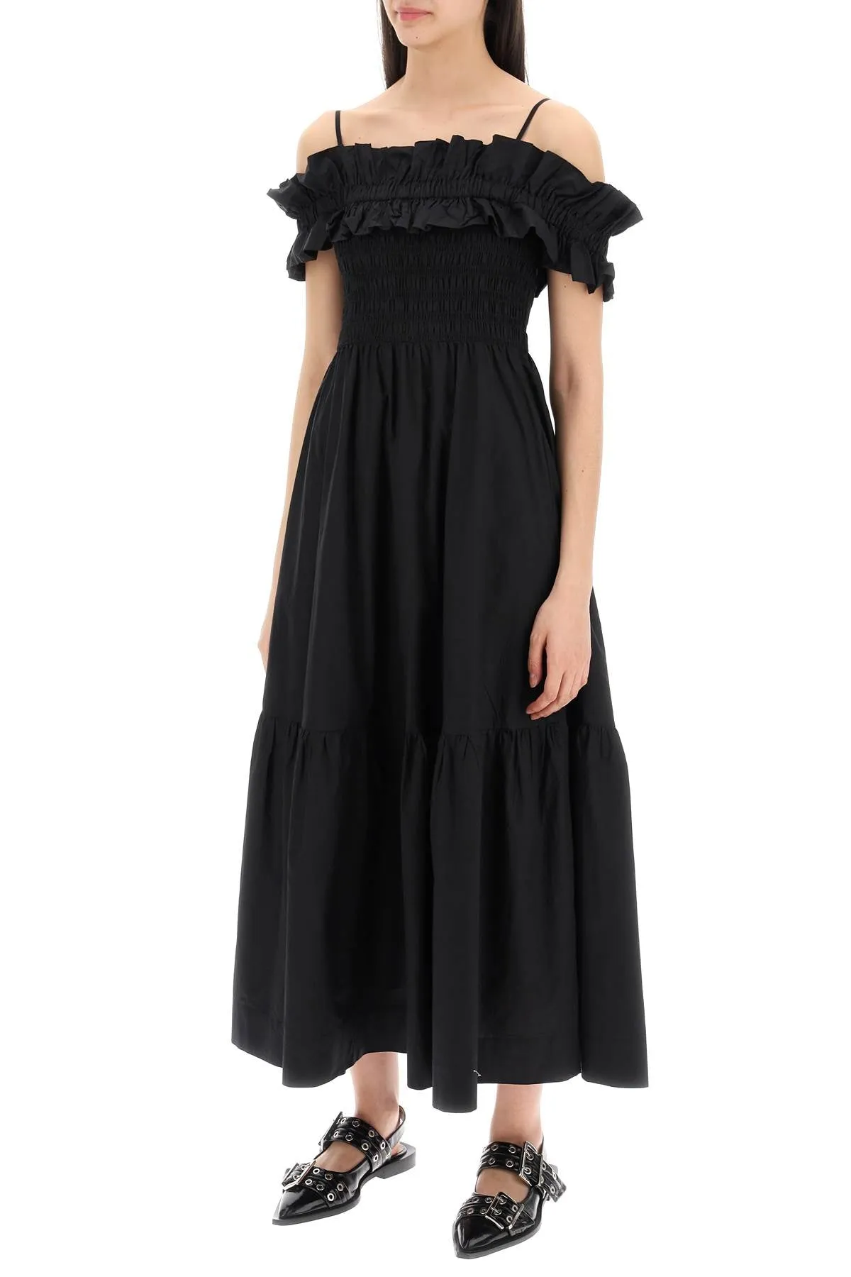 flared midi dress with off-should