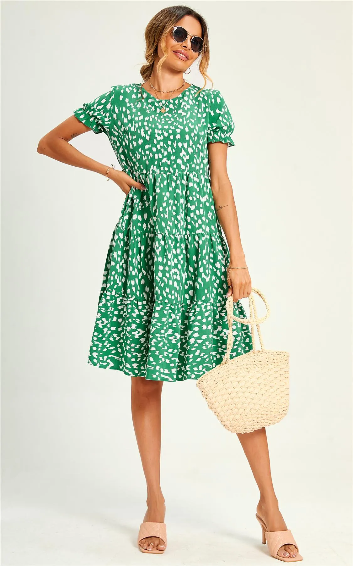 Green Printed Frill Sleeve Tiered Midi Smock Dress