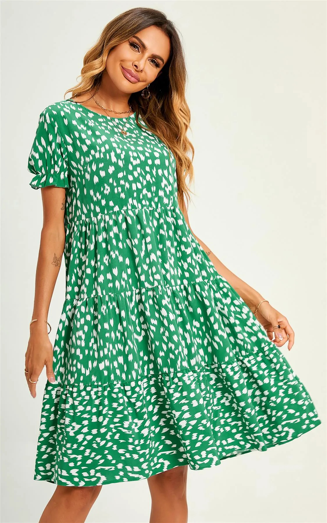 Green Printed Frill Sleeve Tiered Midi Smock Dress