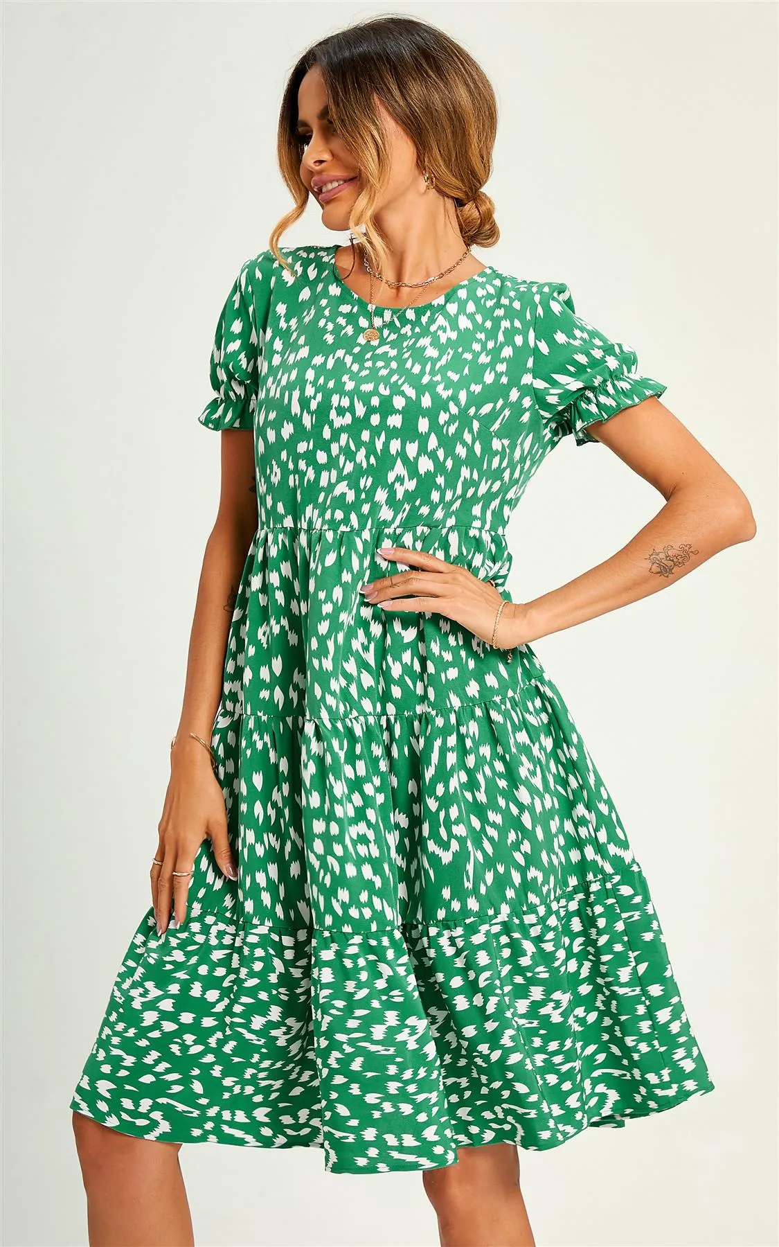 Green Printed Frill Sleeve Tiered Midi Smock Dress
