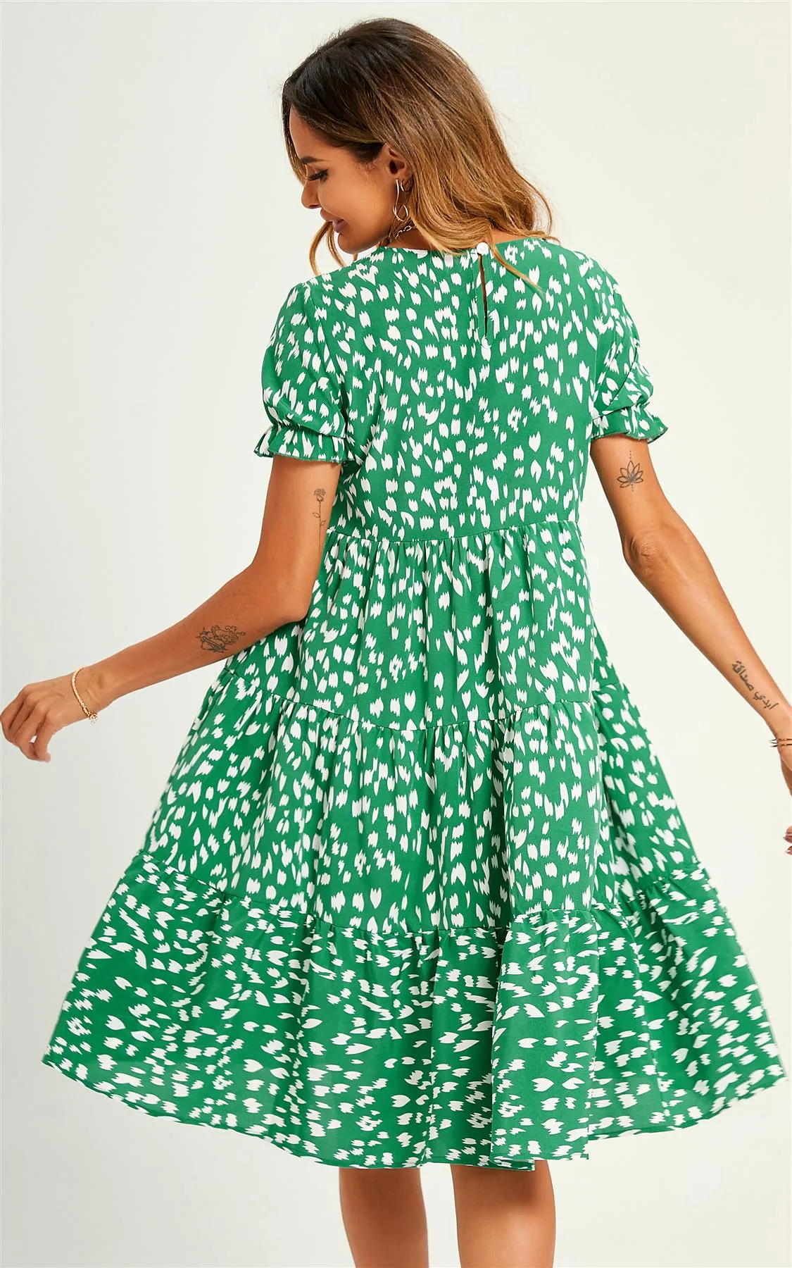 Green Printed Frill Sleeve Tiered Midi Smock Dress