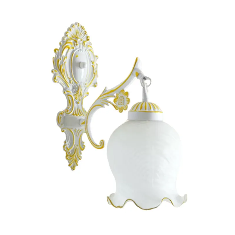 Ivory Glass Wall Mounted Lamp with Ruffled Trim - Rustic 1-Light Sconce for Dining Room in White/Bronze