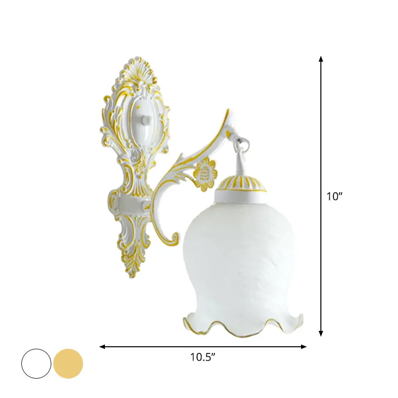 Ivory Glass Wall Mounted Lamp with Ruffled Trim - Rustic 1-Light Sconce for Dining Room in White/Bronze