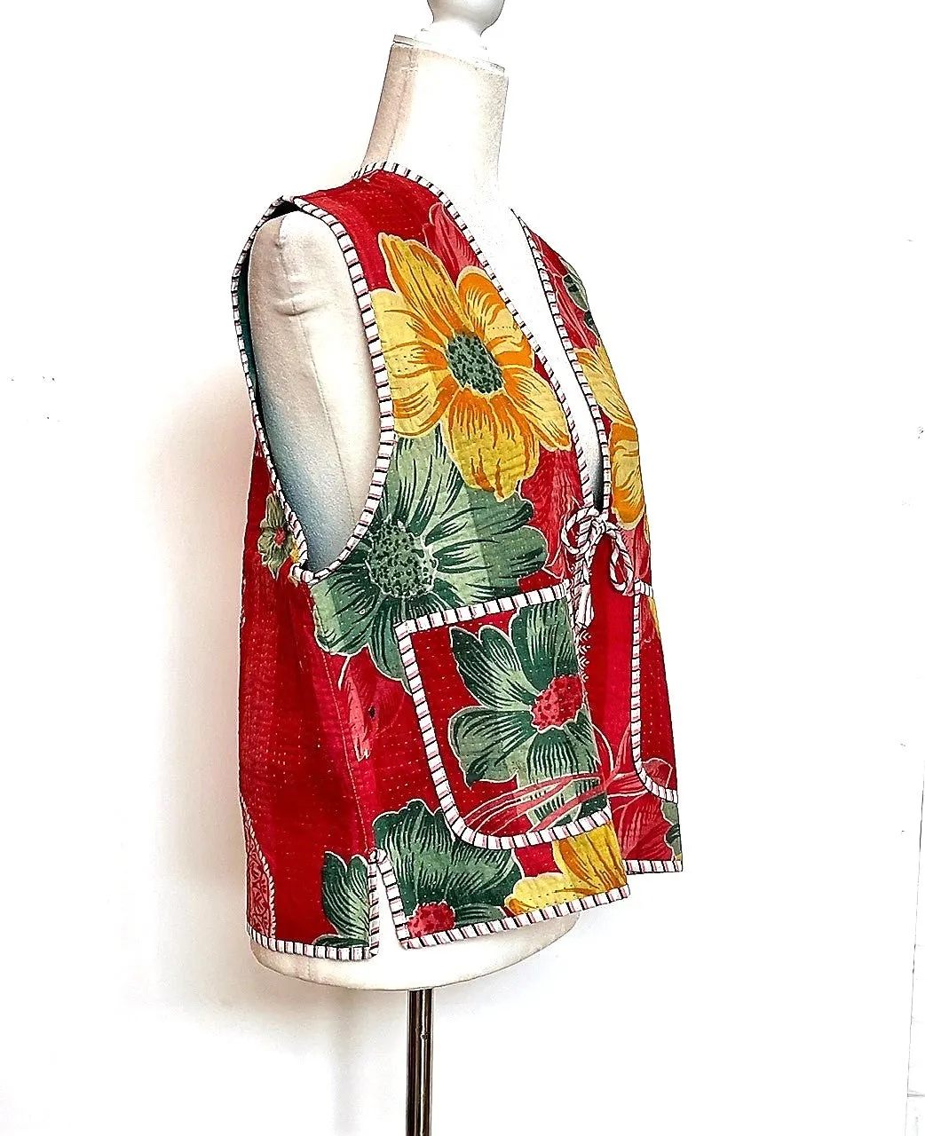 Kantha Vests With Striped Piping and Ties (3 Prints to choose from)