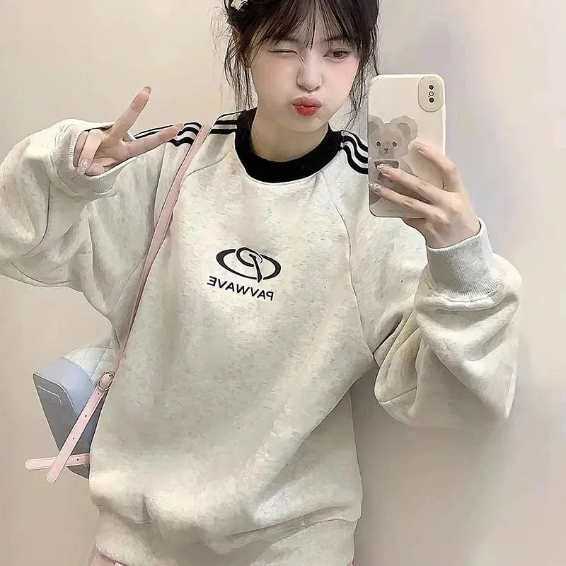 Letter Printing Basic O-neck Pullover Female Hoodies Winter New Contrast Color Simple Loose Casual Fashion Women Hoodies