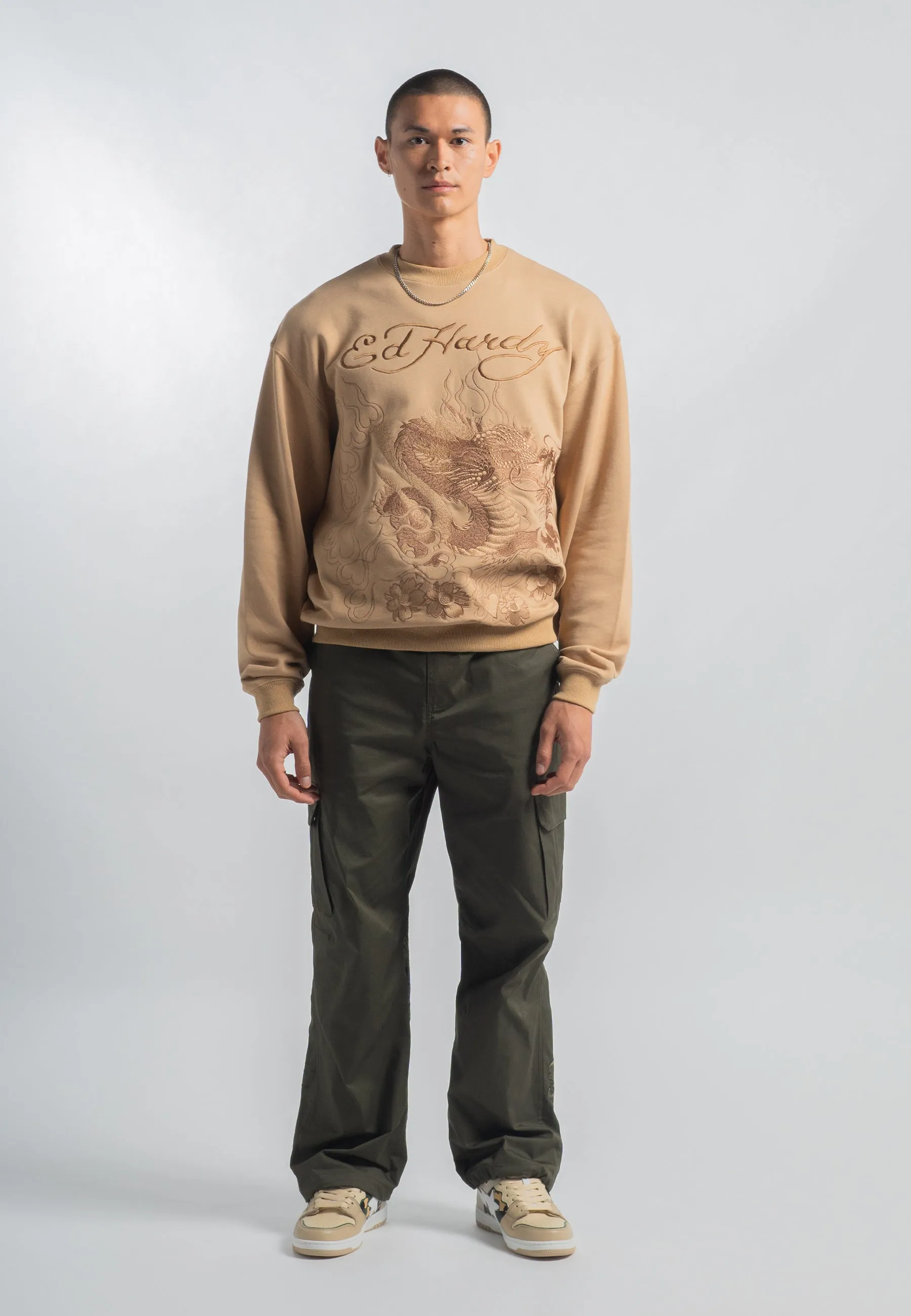 Mens Vintage-Dragon Embroidered Combat Trousers - Green