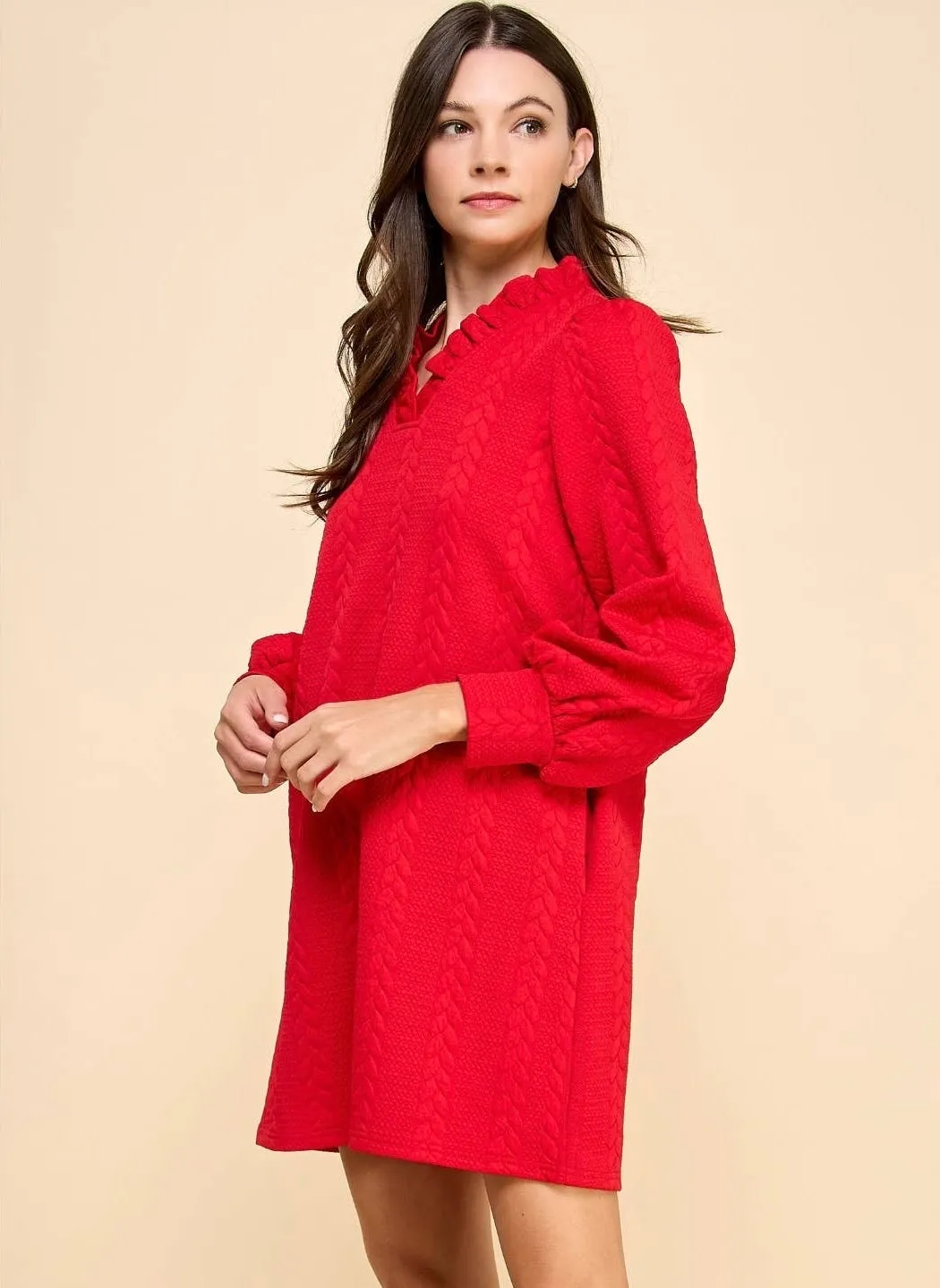 Miley Twist Textured Knit Puff Long Sleeve Dress