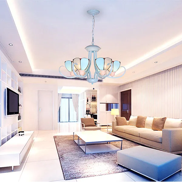 Modern Petal Chandelier: 3/6/8-Light Stained Glass Ceiling Light in Blue for Hallway - With Hanging Chain