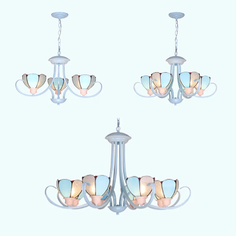 Modern Petal Chandelier: 3/6/8-Light Stained Glass Ceiling Light in Blue for Hallway - With Hanging Chain