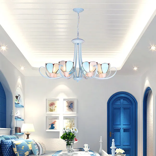 Modern Petal Chandelier: 3/6/8-Light Stained Glass Ceiling Light in Blue for Hallway - With Hanging Chain