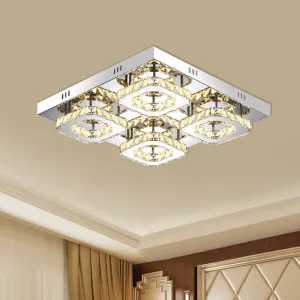 Modern Square Crystal LED Restaurant Ceiling Light Fixture - Chrome