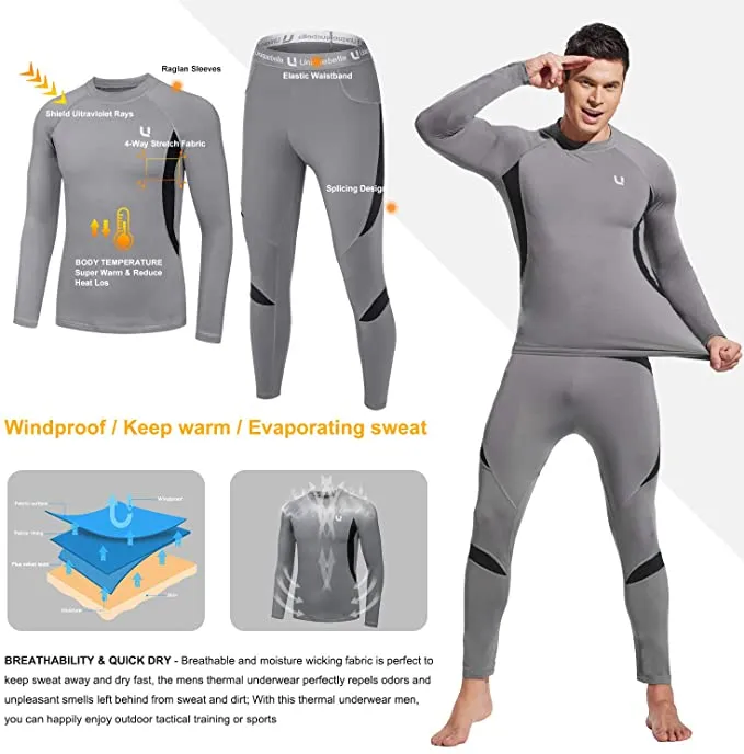 New Men's Thermal Underwear Sets Top & Long Johns Fleece Sweat Quick Drying, Grey, Sz L!