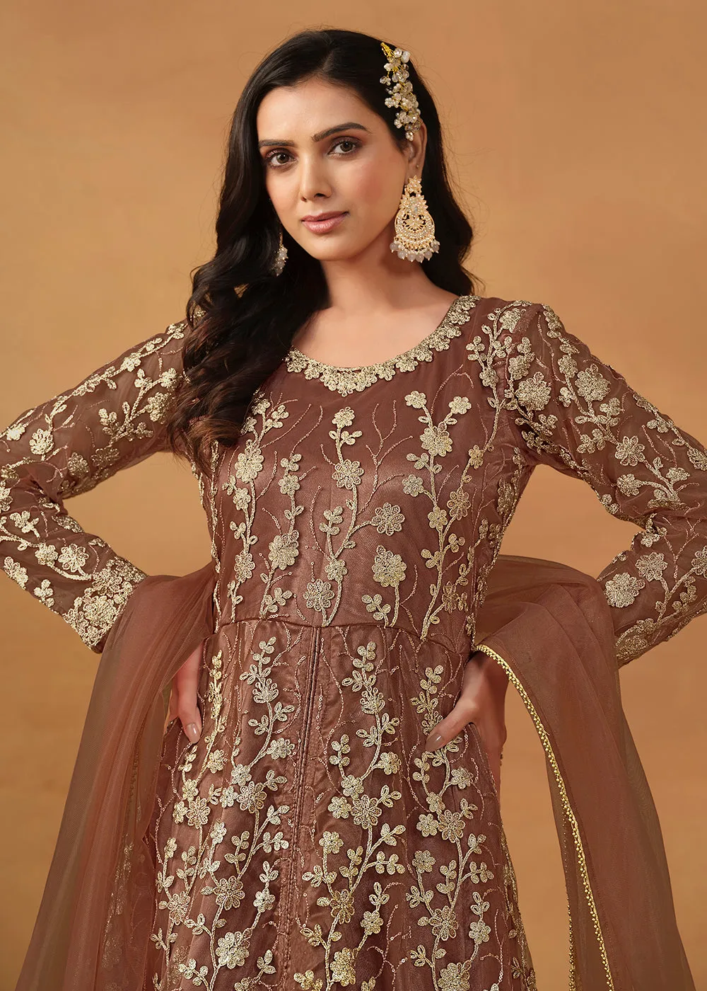 Pant Style Snuff Brown Embroidered Net Wedding Anarkali Suit