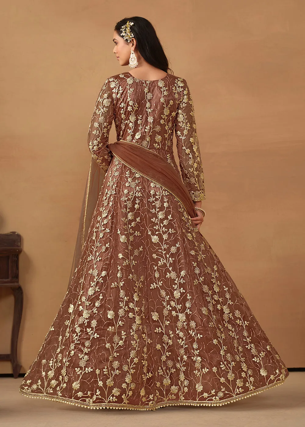Pant Style Snuff Brown Embroidered Net Wedding Anarkali Suit