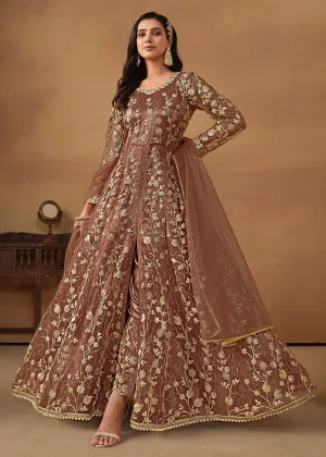 Pant Style Snuff Brown Embroidered Net Wedding Anarkali Suit