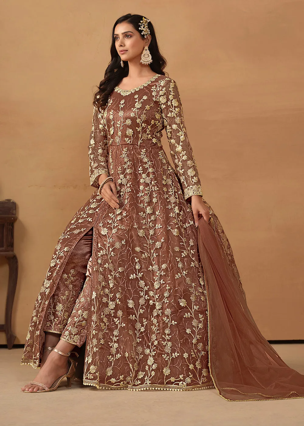 Pant Style Snuff Brown Embroidered Net Wedding Anarkali Suit