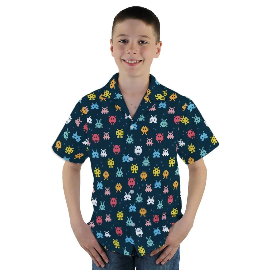 Pixel Monsters Teal Video Game Youth Hawaiian Shirt
