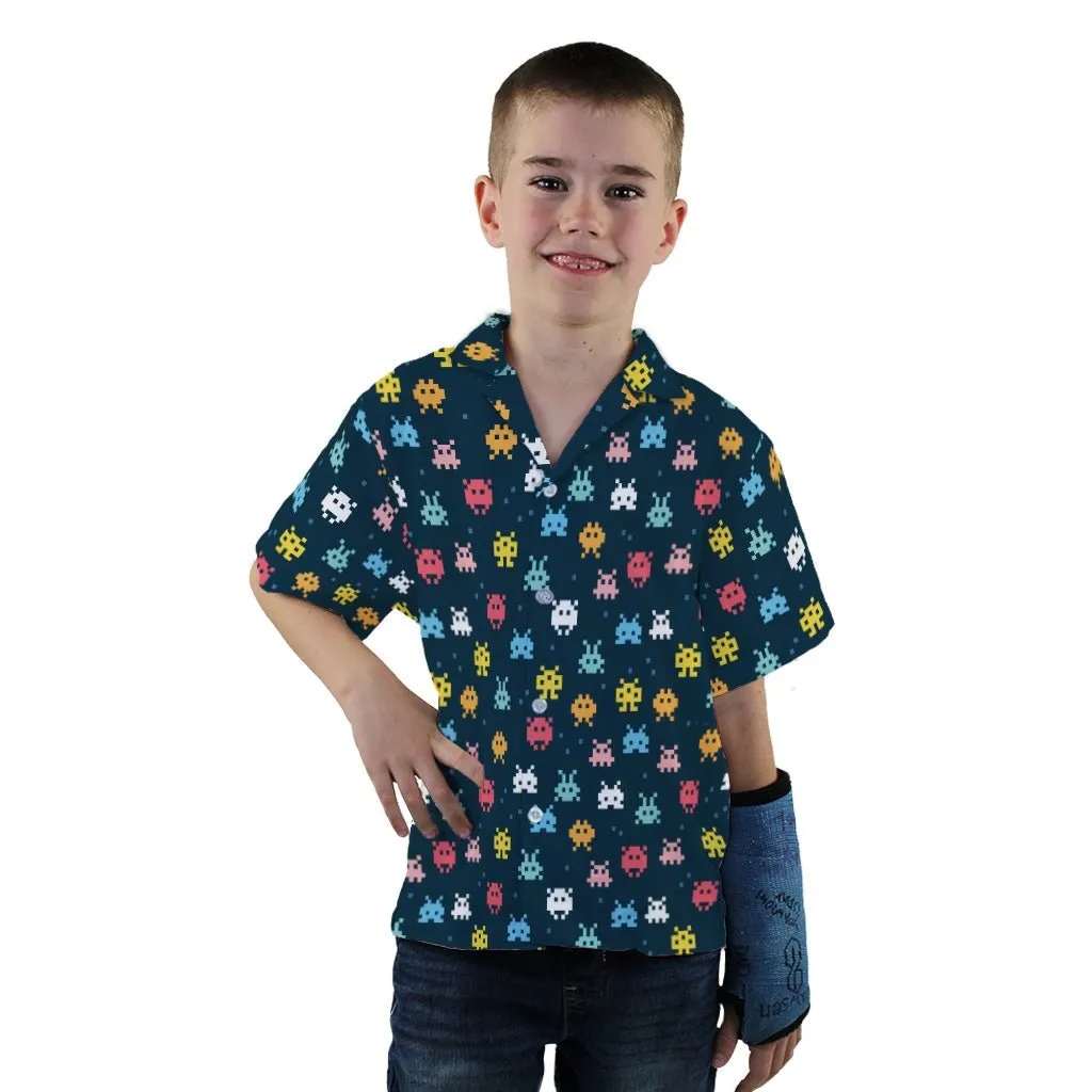 Pixel Monsters Teal Video Game Youth Hawaiian Shirt