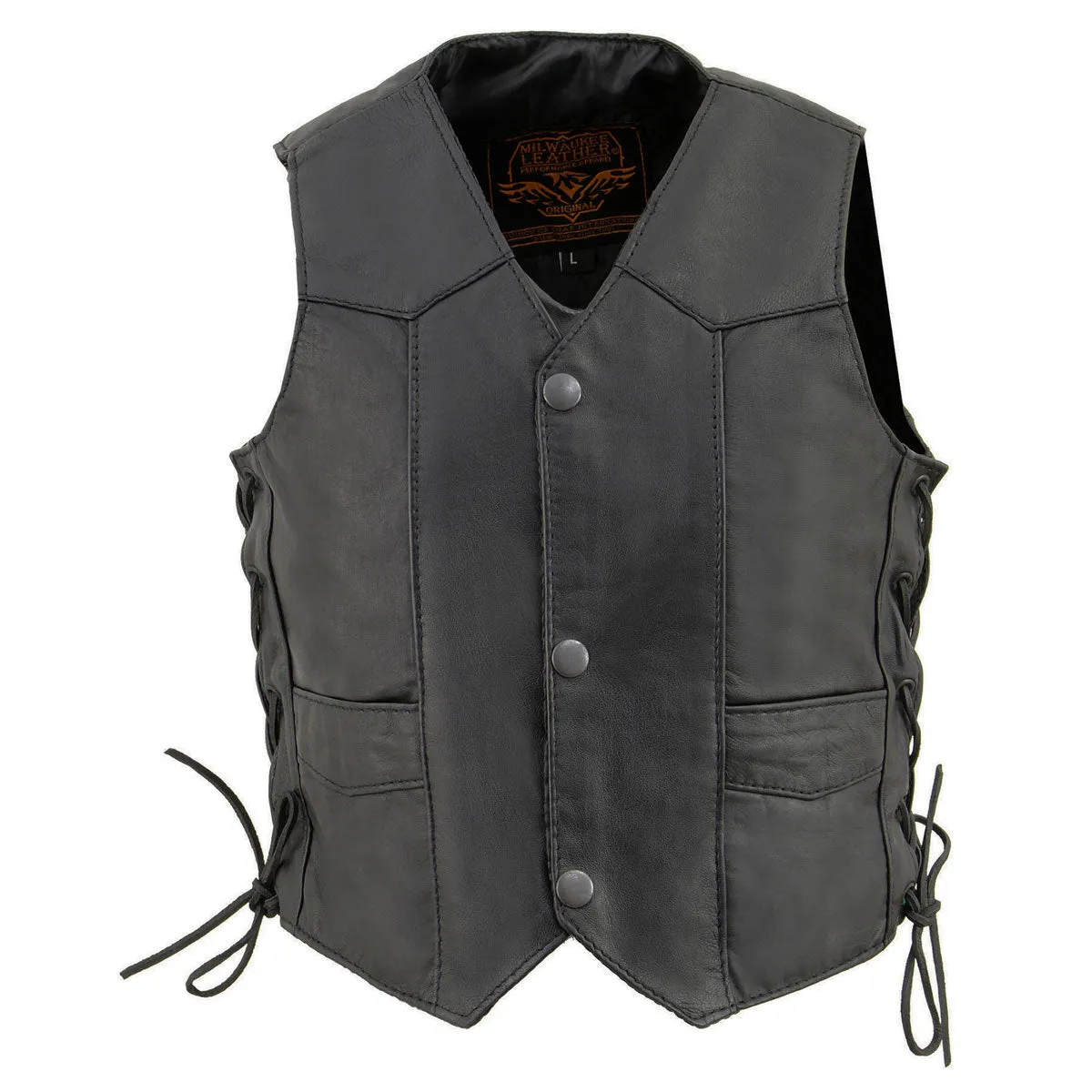 SIDE/LACE SH2011L Kids Black Classic Side Lace Three Snap Leather Vest
