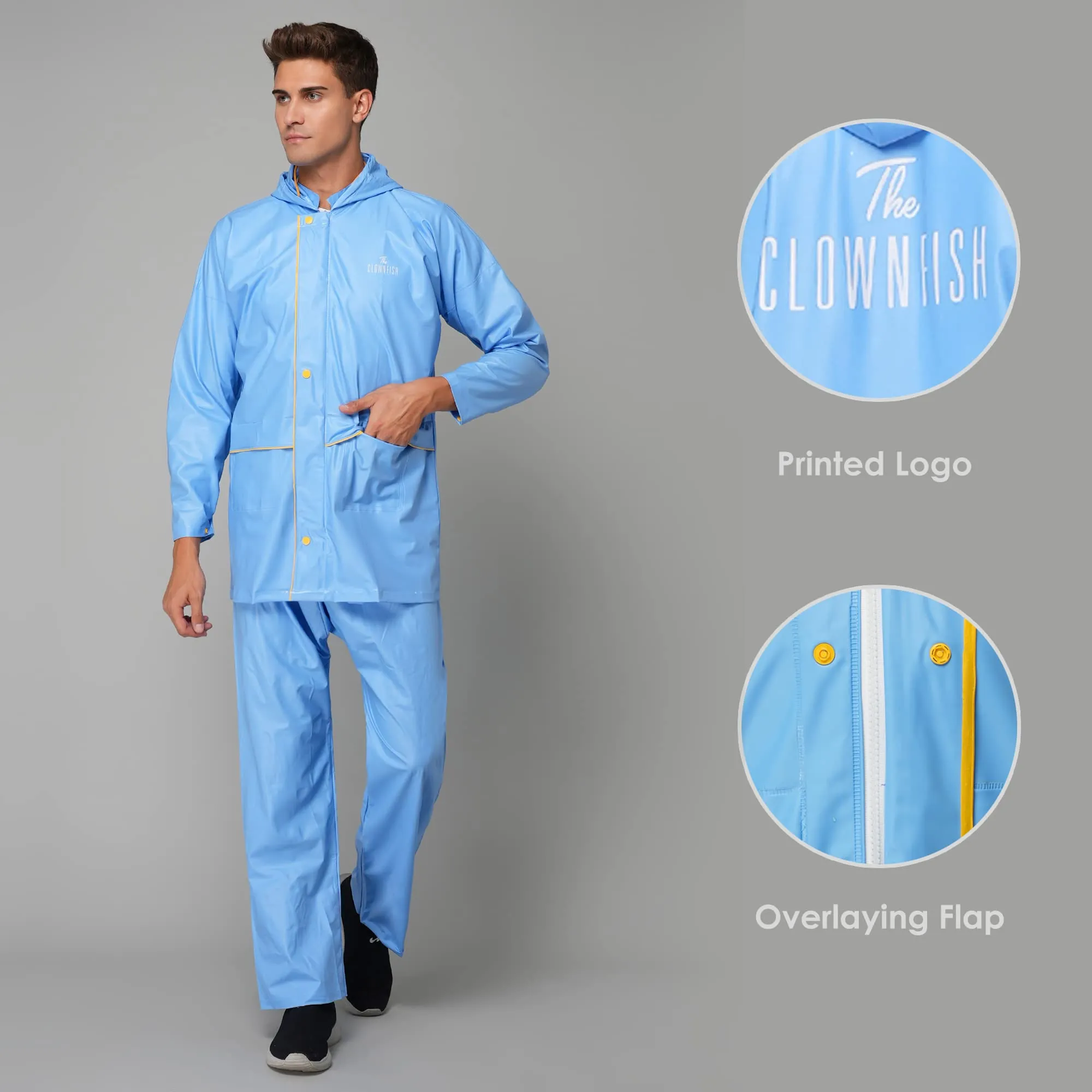 THE CLOWNFISH Rain Coat for Men Waterproof for Bike with Hood Raincoat for Men & Women. Samson Pro Series (Sky Blue, XX-Large)