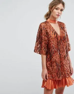 Three Floor Embroidered Shift Dress With Kimono Sleeve