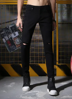 Vintage Black Plain Ripped Skinny Denim Pants