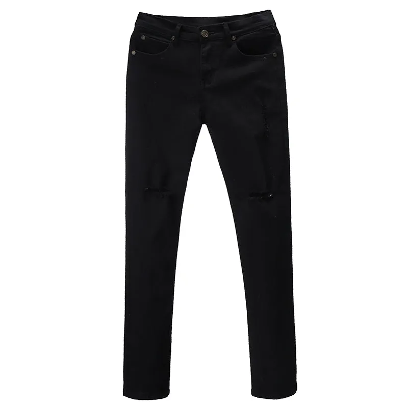 Vintage Black Plain Ripped Skinny Denim Pants