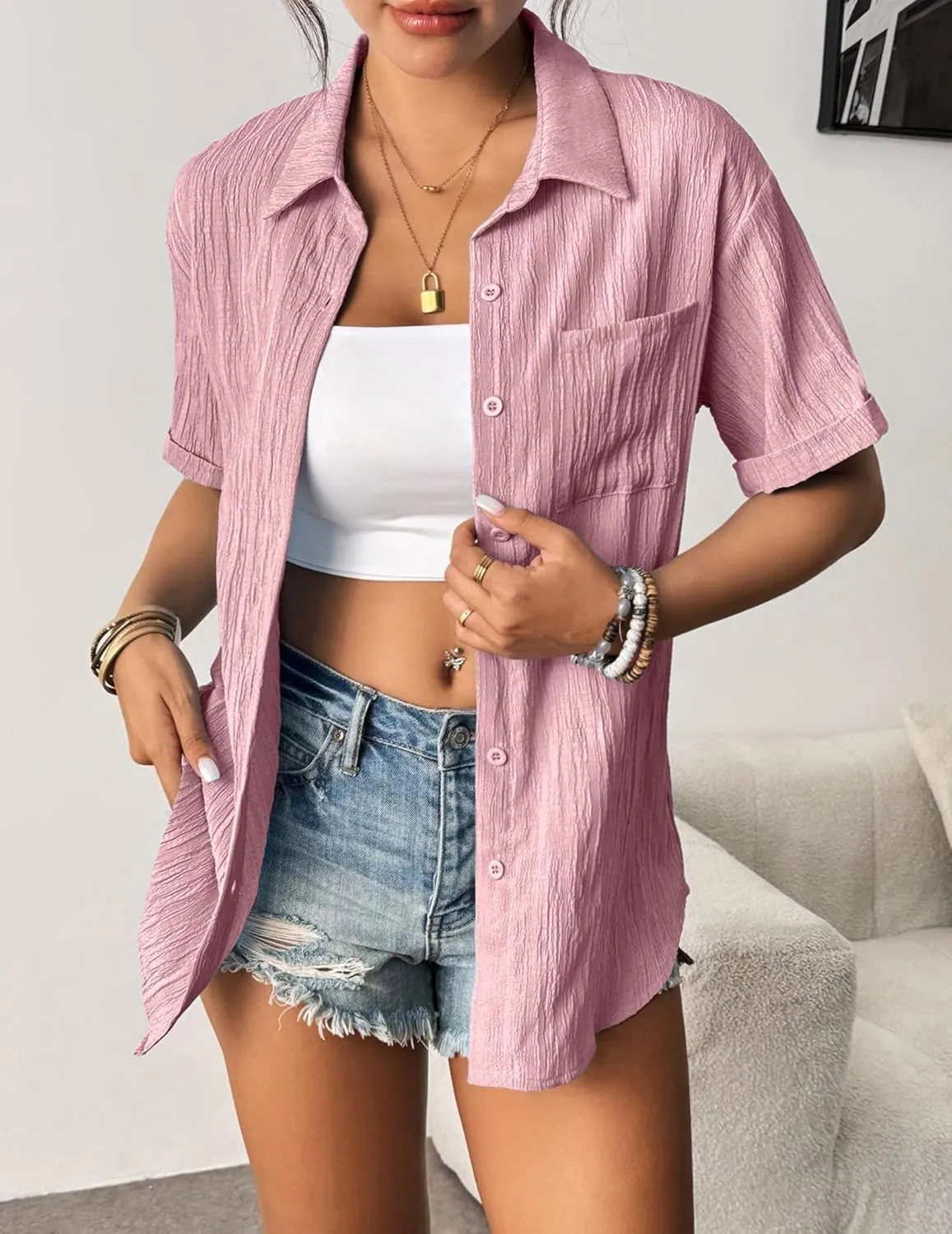 Zeagoo Short Sleeve Button Down Shirt Casual Loose Fit Blouses