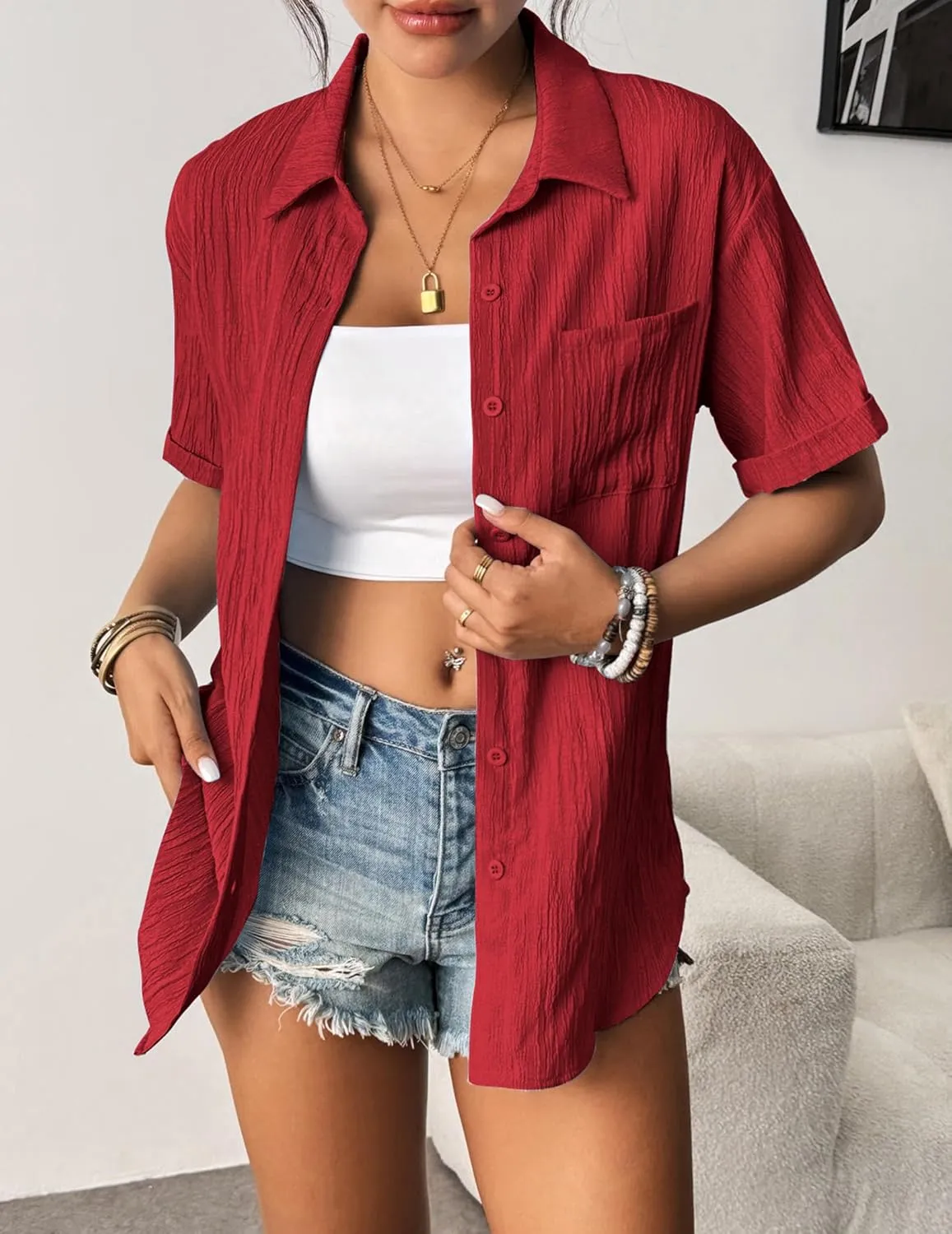 Zeagoo Short Sleeve Button Down Shirt Casual Loose Fit Blouses